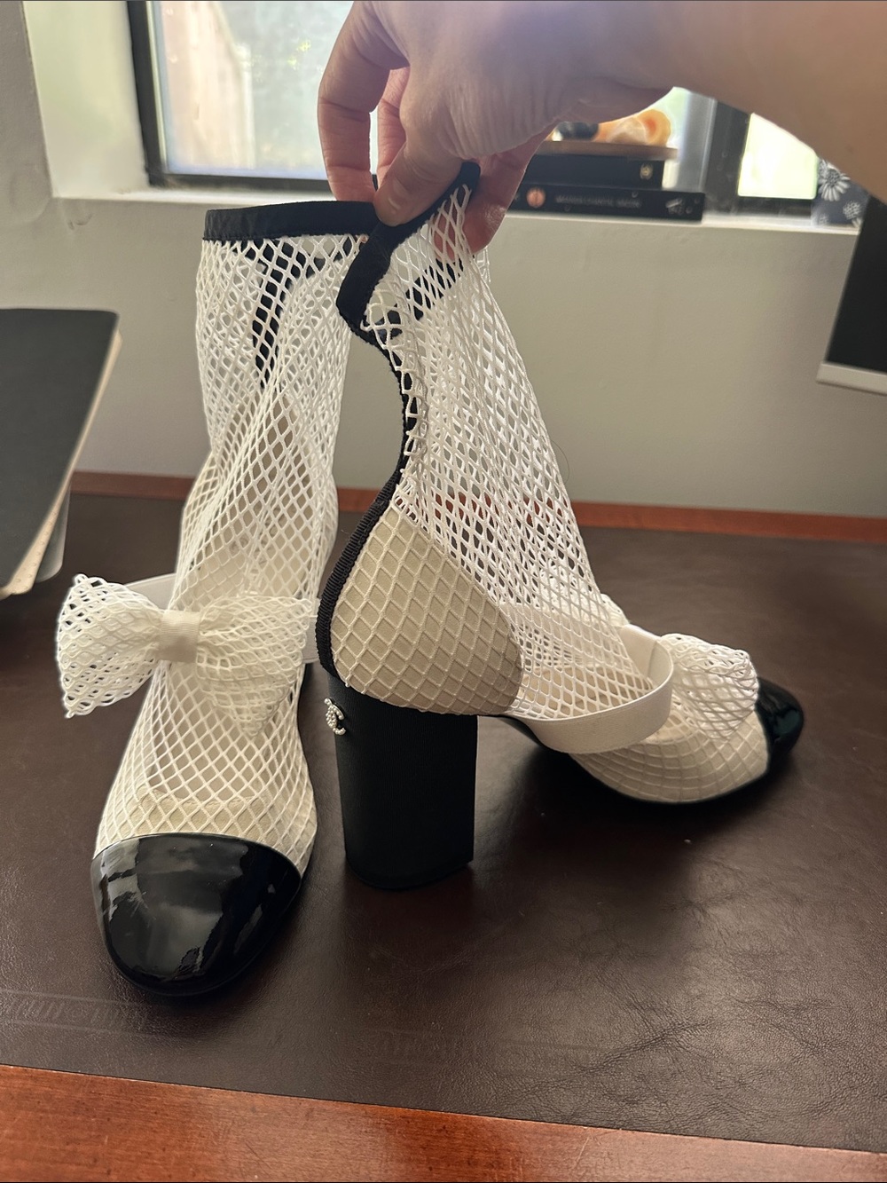 CHANEL White Mesh Bow Block-Heel Sock Boots with Black Patent Toe
